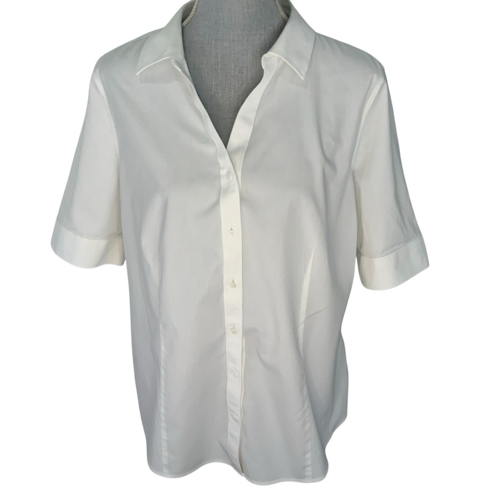 Talbots Womens White Non-Iron Button Up Down Shirt‎ Short Button Sleeve Size 16